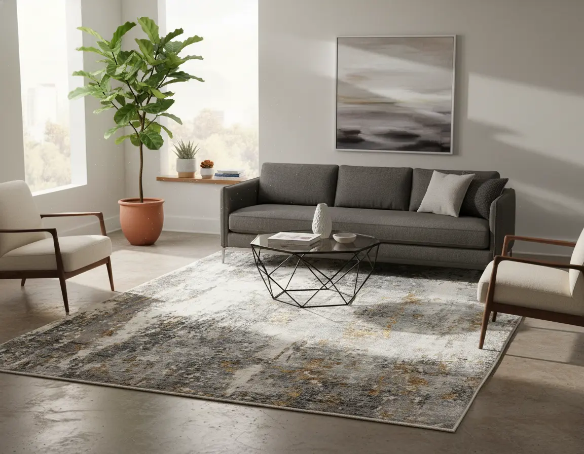 Tapete Moderno Neutro con Diseño Abstracto en Gris Oscuro y Dorado Render