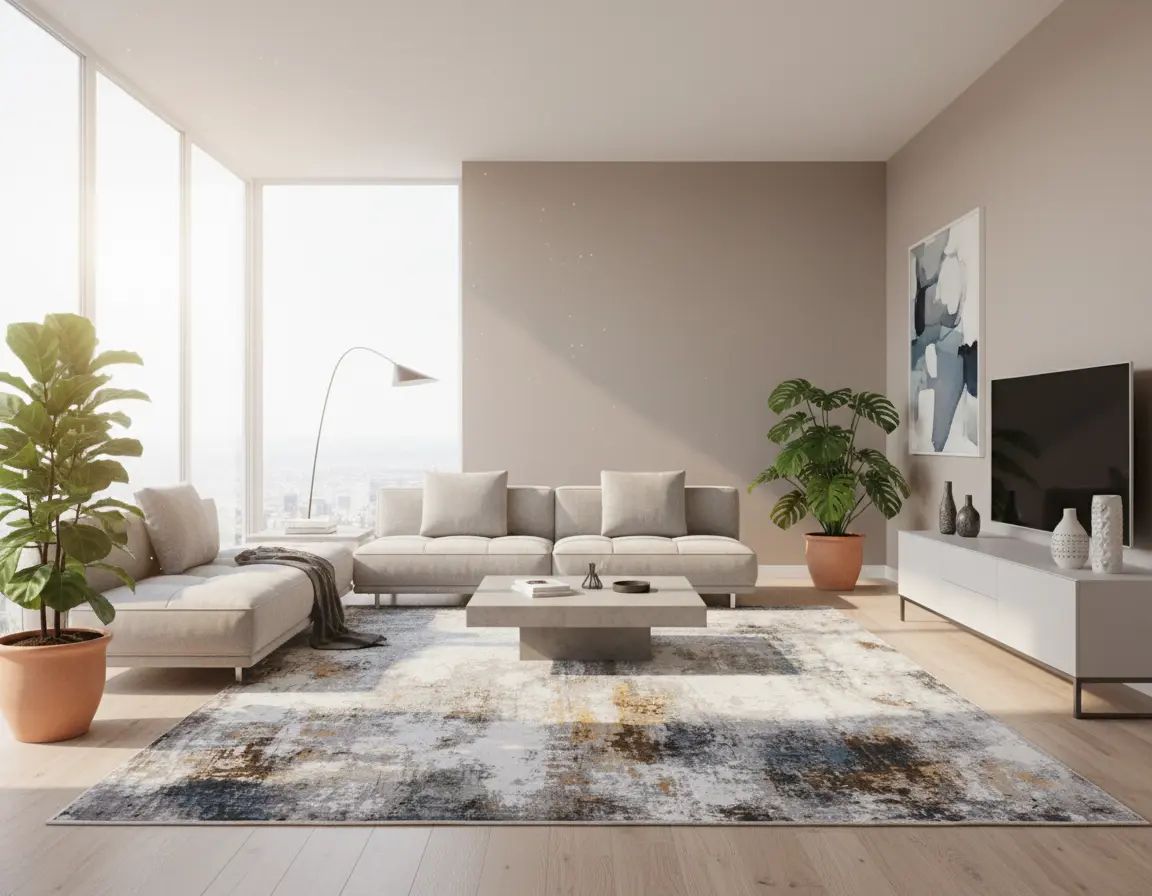 Tapete Moderno Gris con Diseño Abstracto en Azul y Café Render