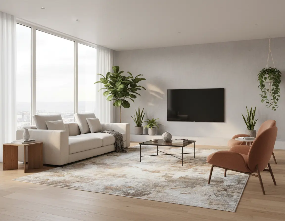 Tapete Moderno Neutro con Diseño Abstracto en Cafe Colección LAILA Render