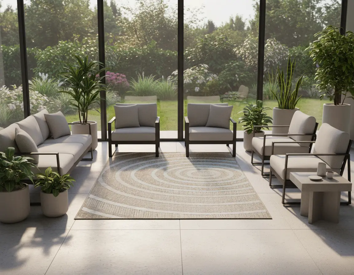 Tapete Moderno Neutro con Diseño Circular en Plata Render