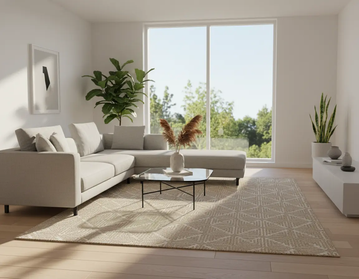 Tapete Moderno Beige con Diseño Geométrico para Sala y Recámara Render